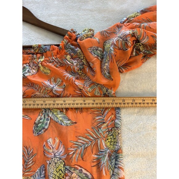 Womens Shirt Medium Boho Orange Tropical Island Hawaiian Flowy Relaxed Pineapple - Picture 9 of 11